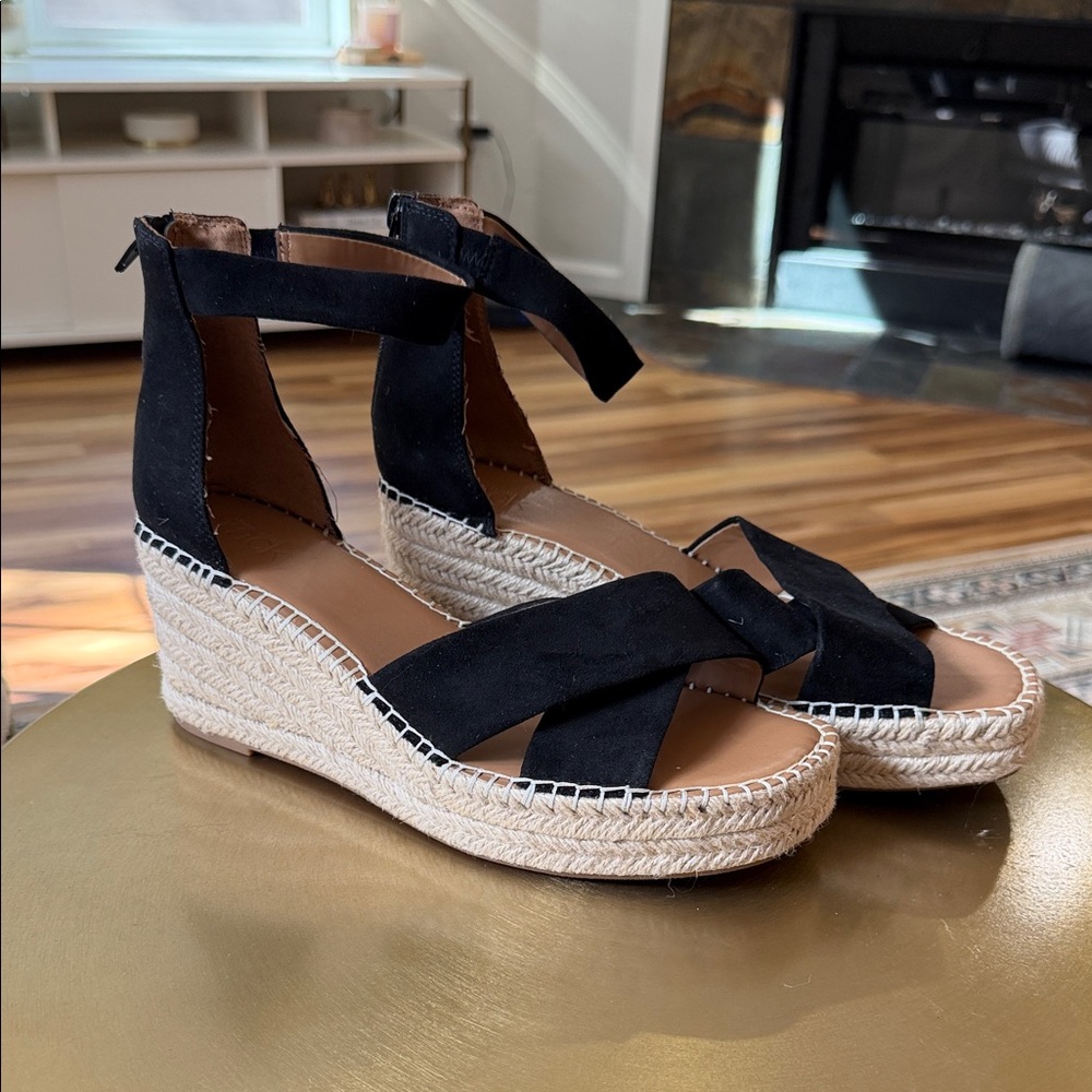 Black Espadrille Wedge Sandals with Ankle Strap